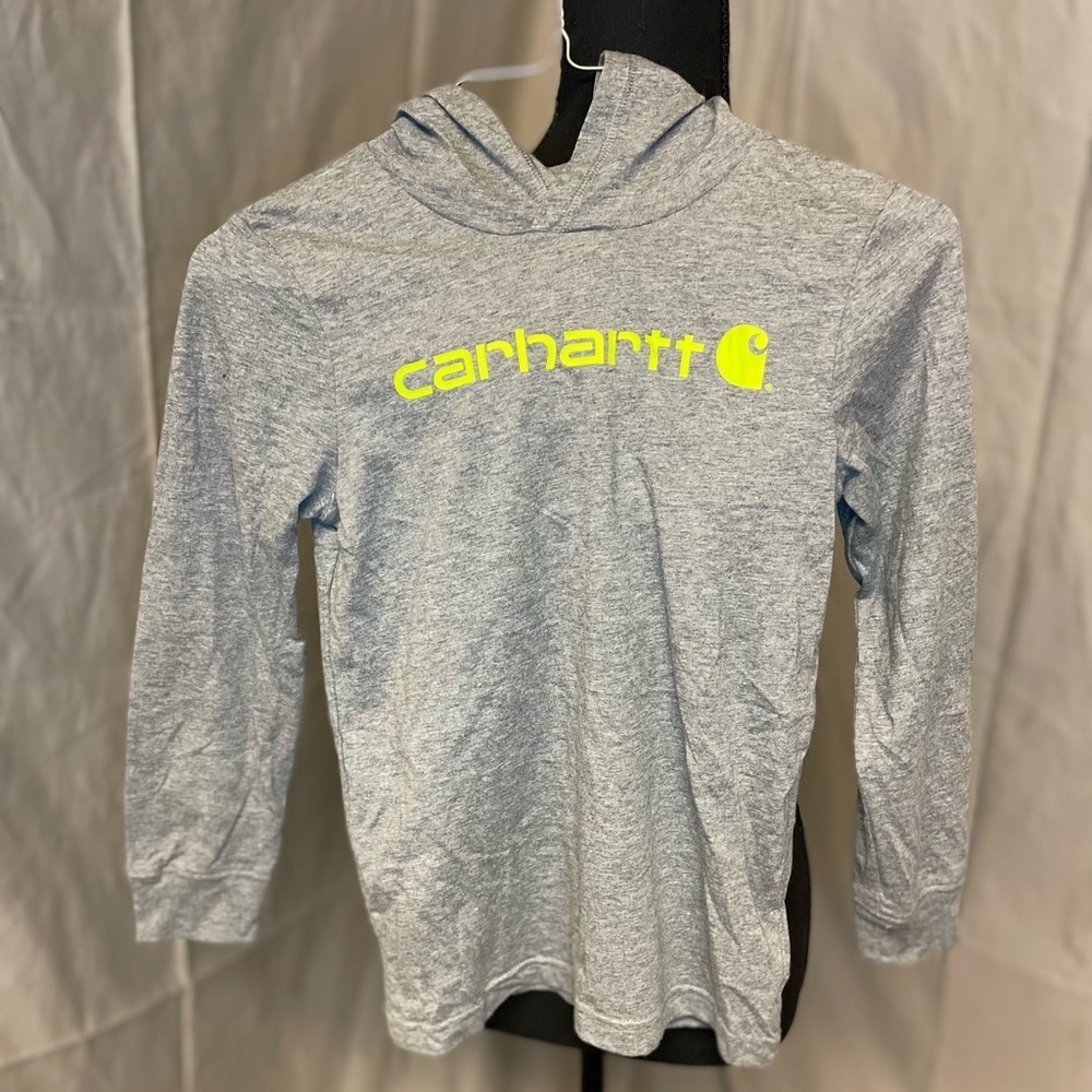 Carhartt Kids Light Gray Hooded Shirt with Neon Yellow Logo